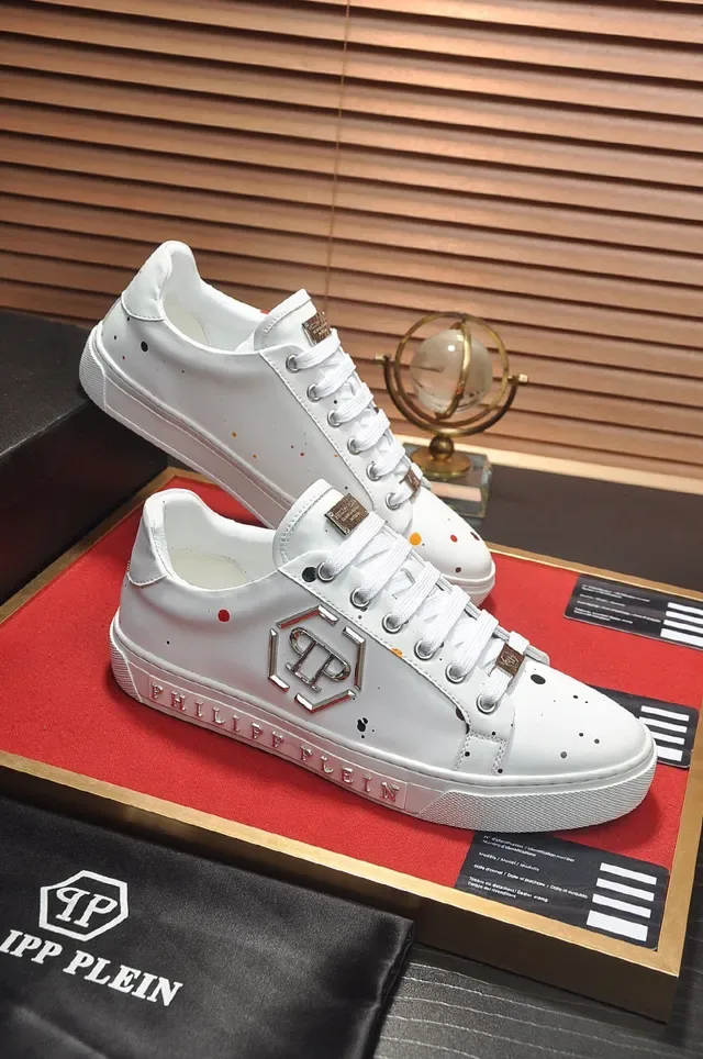Philipp Plein Blanco y Plata Cuero Superior Logo Hexagonal Metálico Zapatillas Lifestyle 6