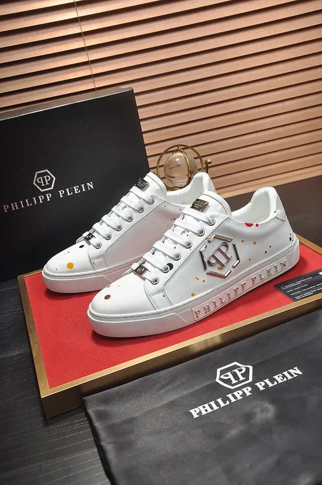 Philipp Plein Blanco y Plata Cuero Superior Logo Hexagonal Metálico Zapatillas Lifestyle 7