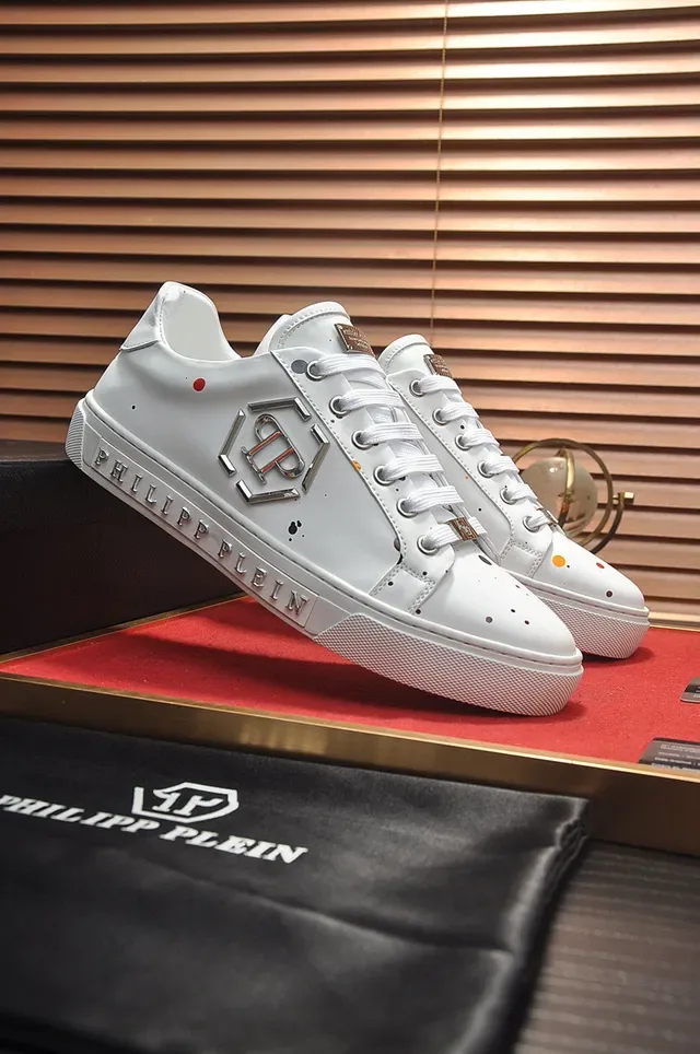 Philipp Plein Blanco y Plata Cuero Superior Logo Hexagonal Metálico Zapatillas Lifestyle 8