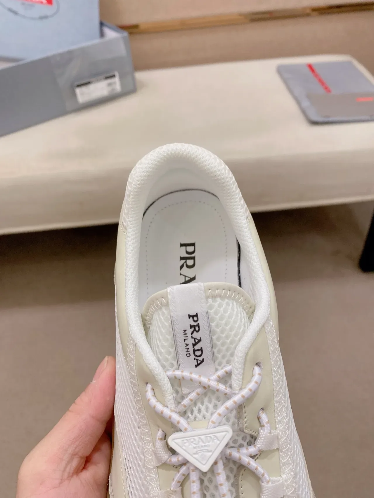 Prada Beige Mesh and Leather Lifestyle Sneaker 4
