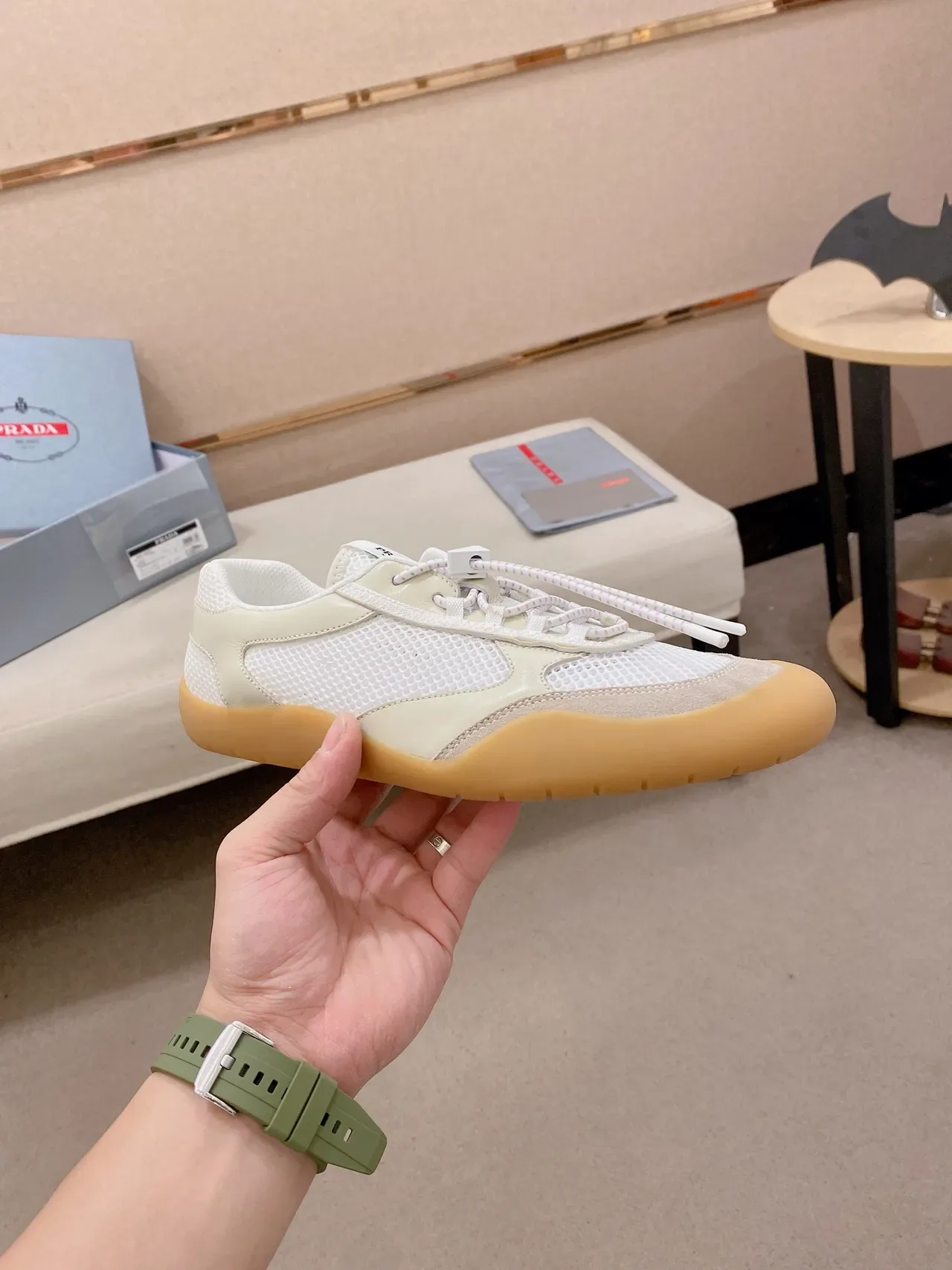 Prada Beige Mesh and Leather Lifestyle Sneaker 5
