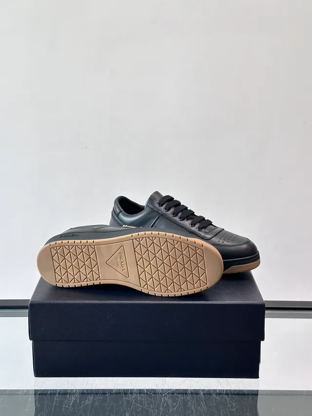 Prada Black Beige Leather Upper Perforated Toe Lifestyle Sneakers 2