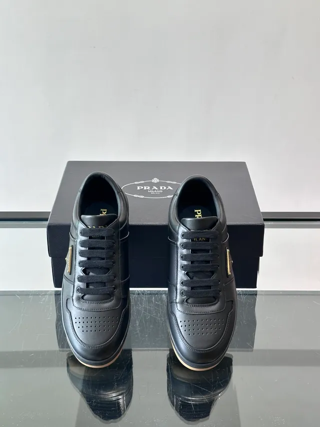 Prada Black Beige Leather Upper Perforated Toe Lifestyle Sneakers 4