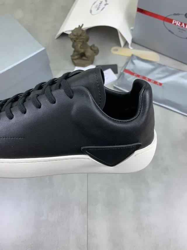 Prada Black Beige Smooth Leather Minimalist Low-Top Lifestyle Sneakers 4