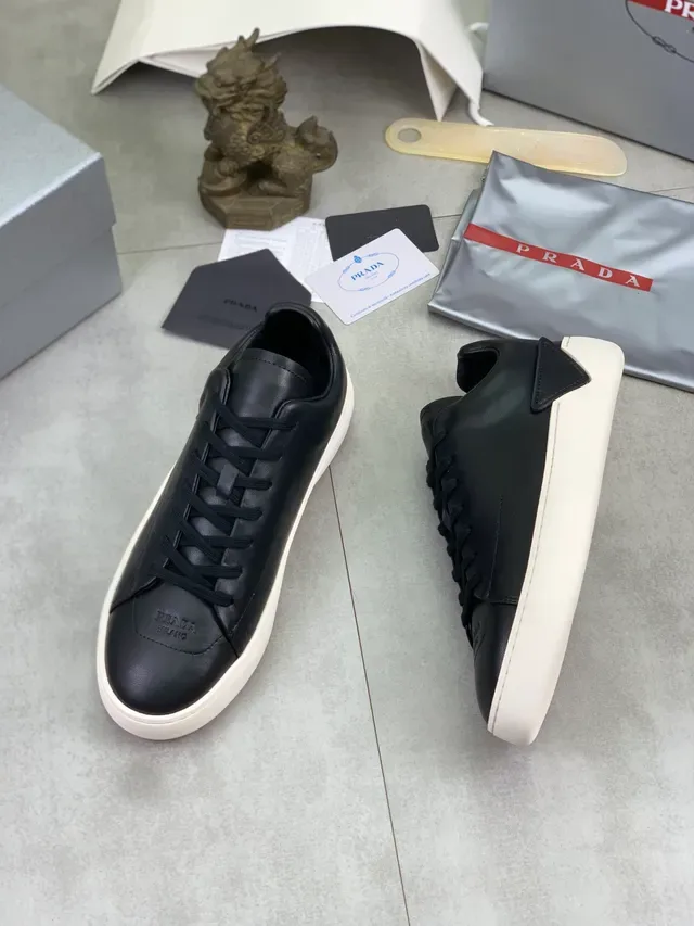 Prada Black Beige Smooth Leather Minimalist Low-Top Lifestyle Sneakers 5
