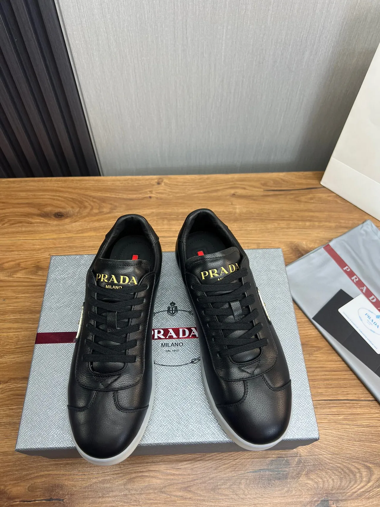Prada Black Gold Leather Upper Triangle Logo Lifestyle Sneakers 2