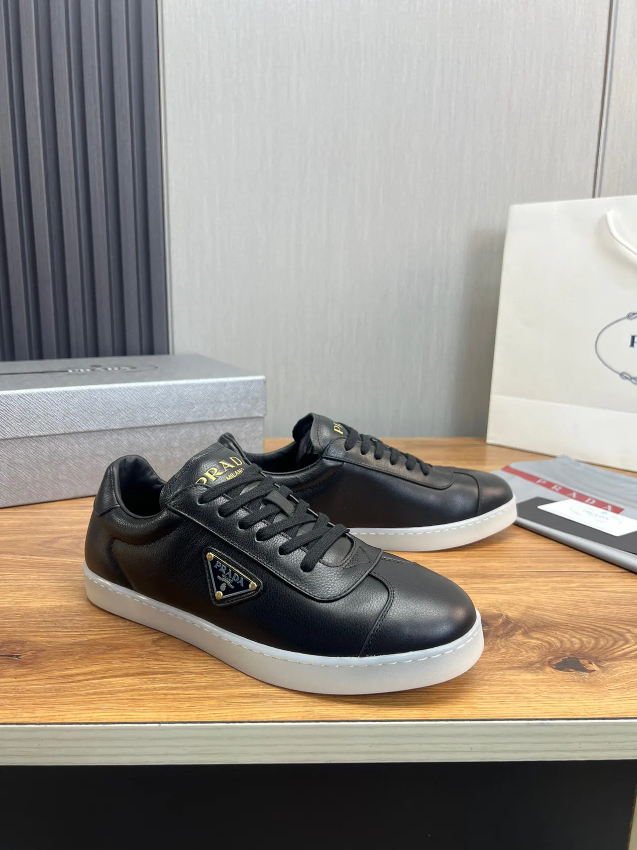 Prada Black Gold Leather Upper Triangle Logo Lifestyle Sneakers 3