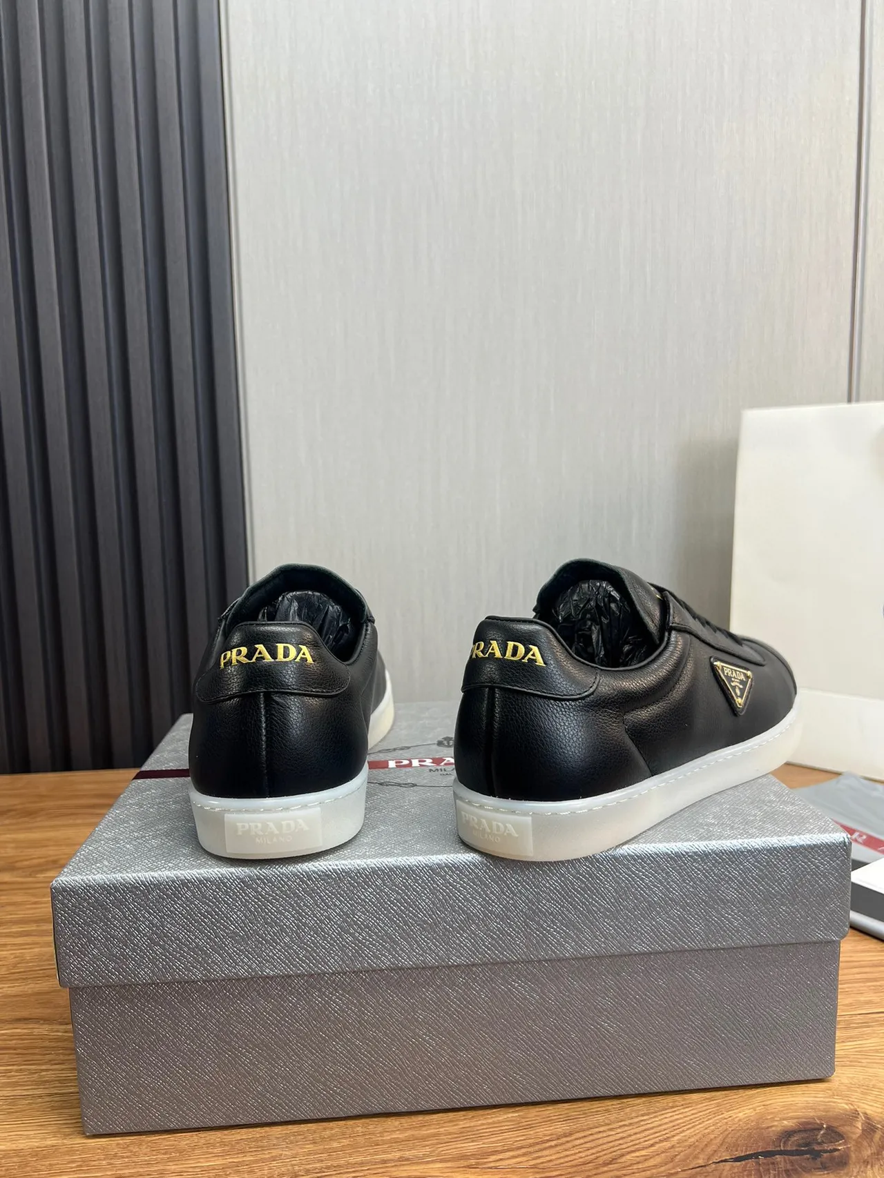Prada Black Gold Leather Upper Triangle Logo Lifestyle Sneakers 4