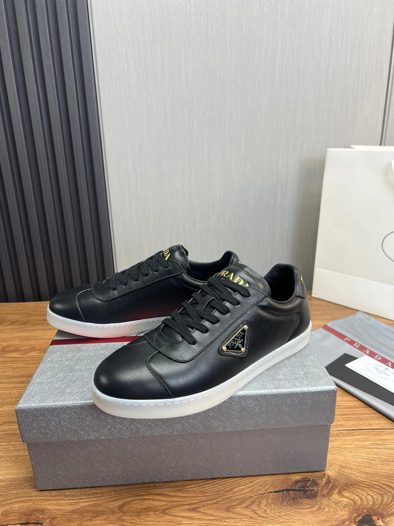 Prada Black Gold Leather Upper Triangle Logo Lifestyle Sneakers 5
