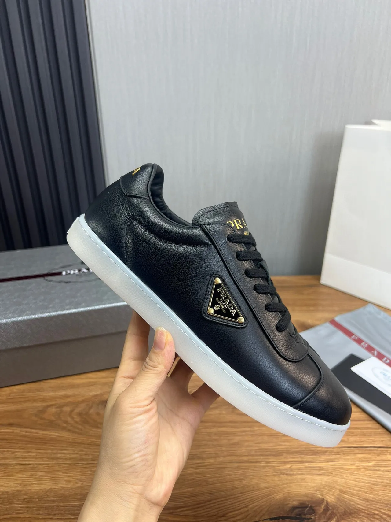 Prada Black Gold Leather Upper Triangle Logo Lifestyle Sneakers 6