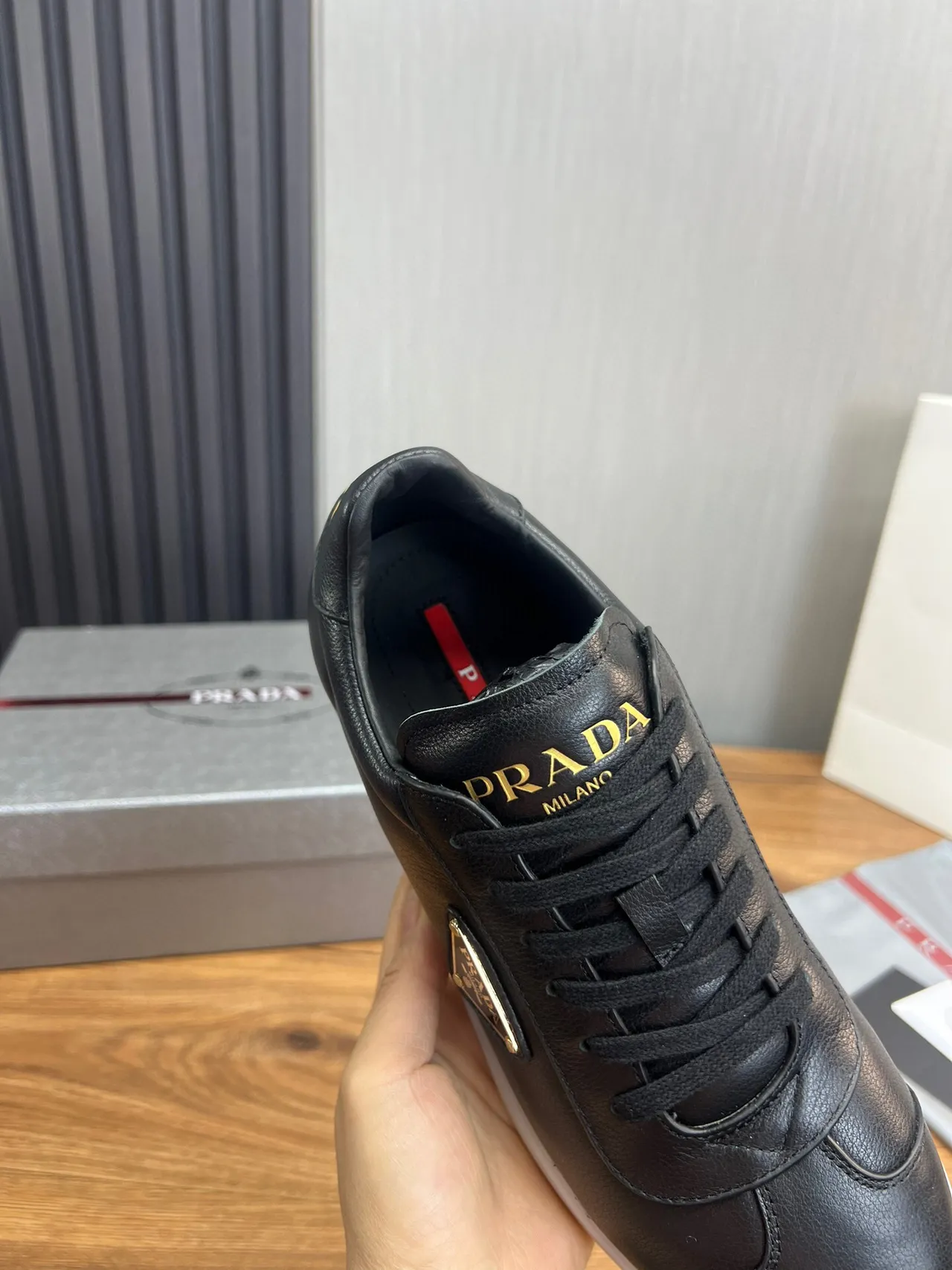 Prada Black Gold Leather Upper Triangle Logo Lifestyle Sneakers 7