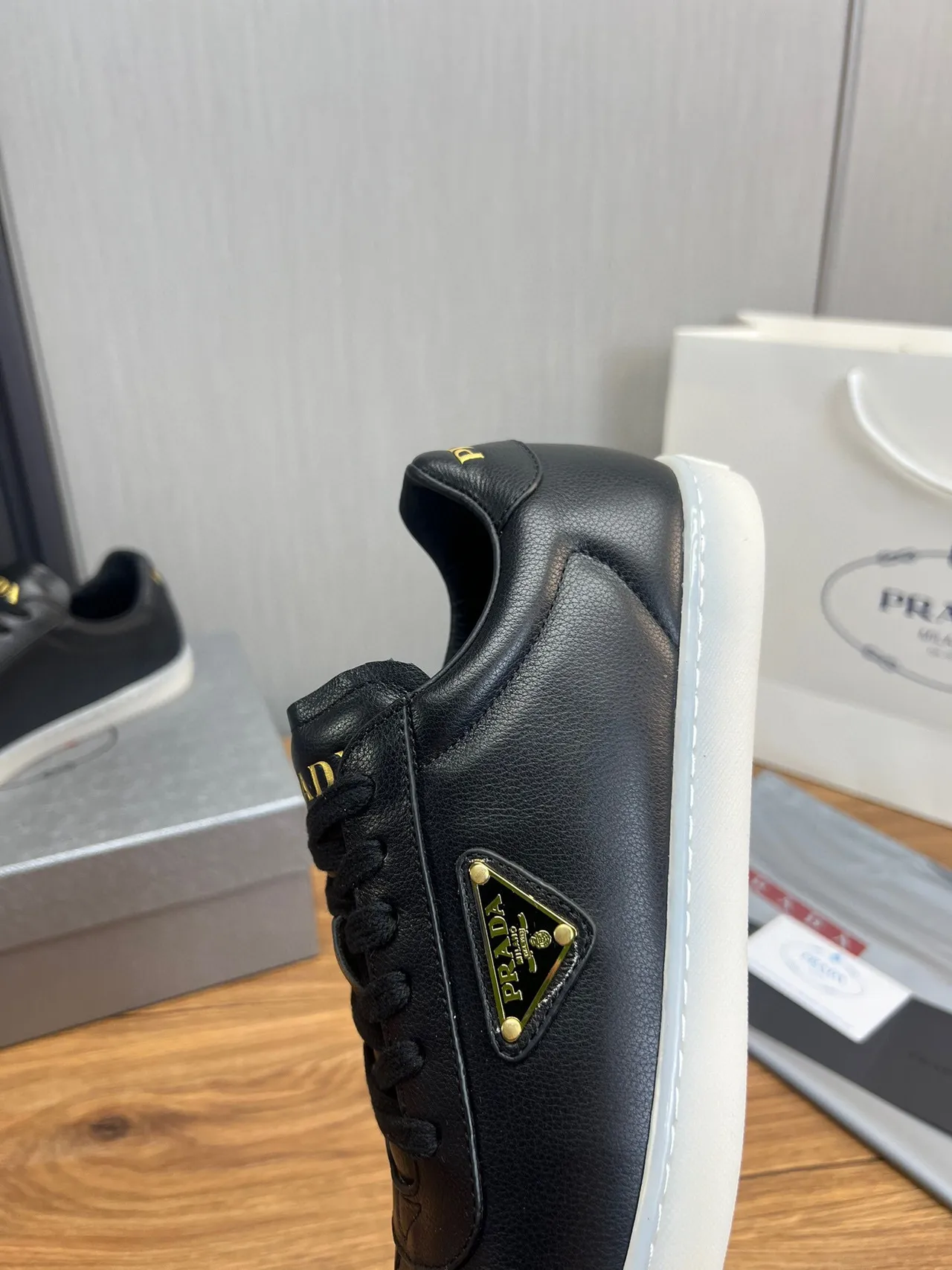 Prada Black Gold Leather Upper Triangle Logo Lifestyle Sneakers 8