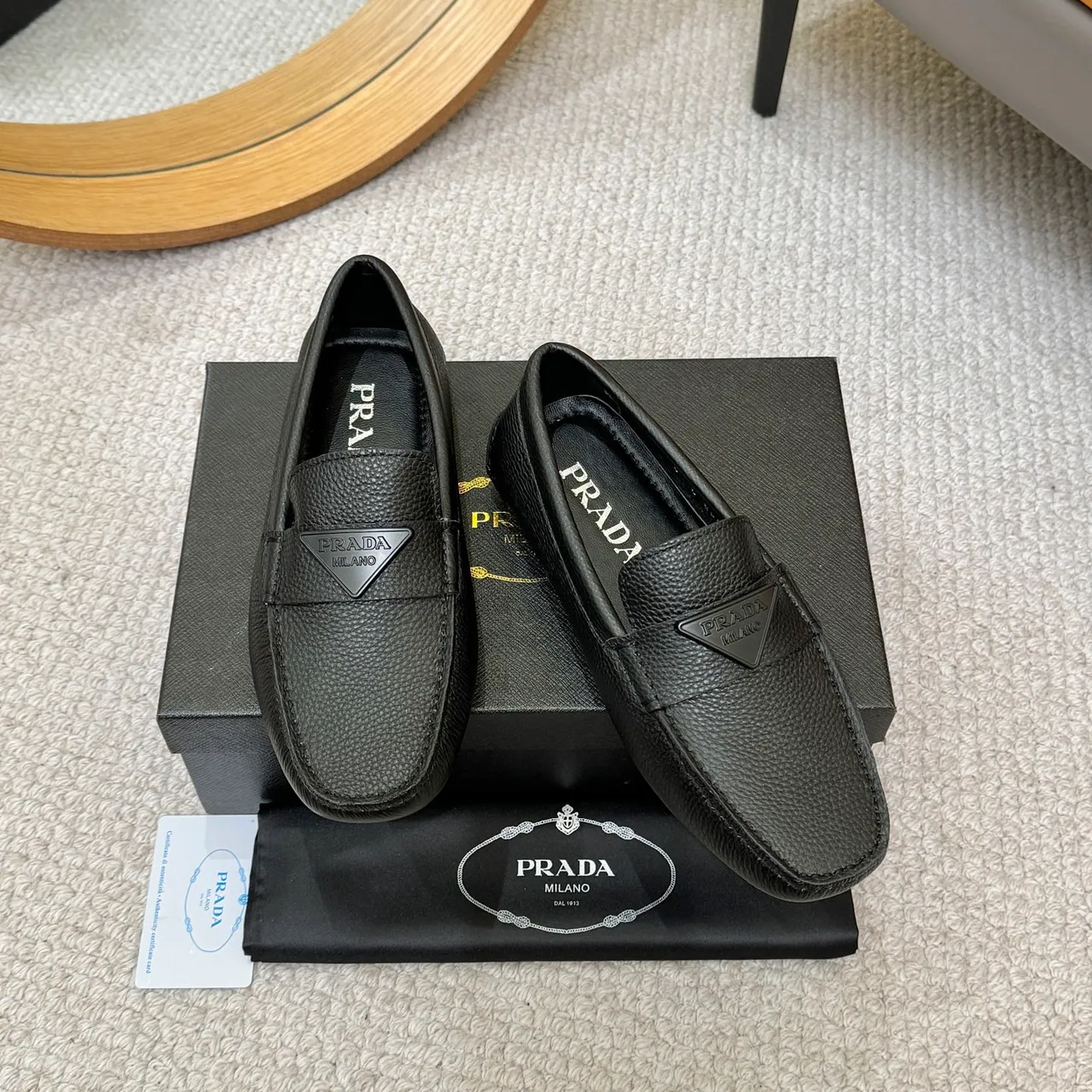 Prada Black Pebbled Leather Triangle Logo Loafer 2