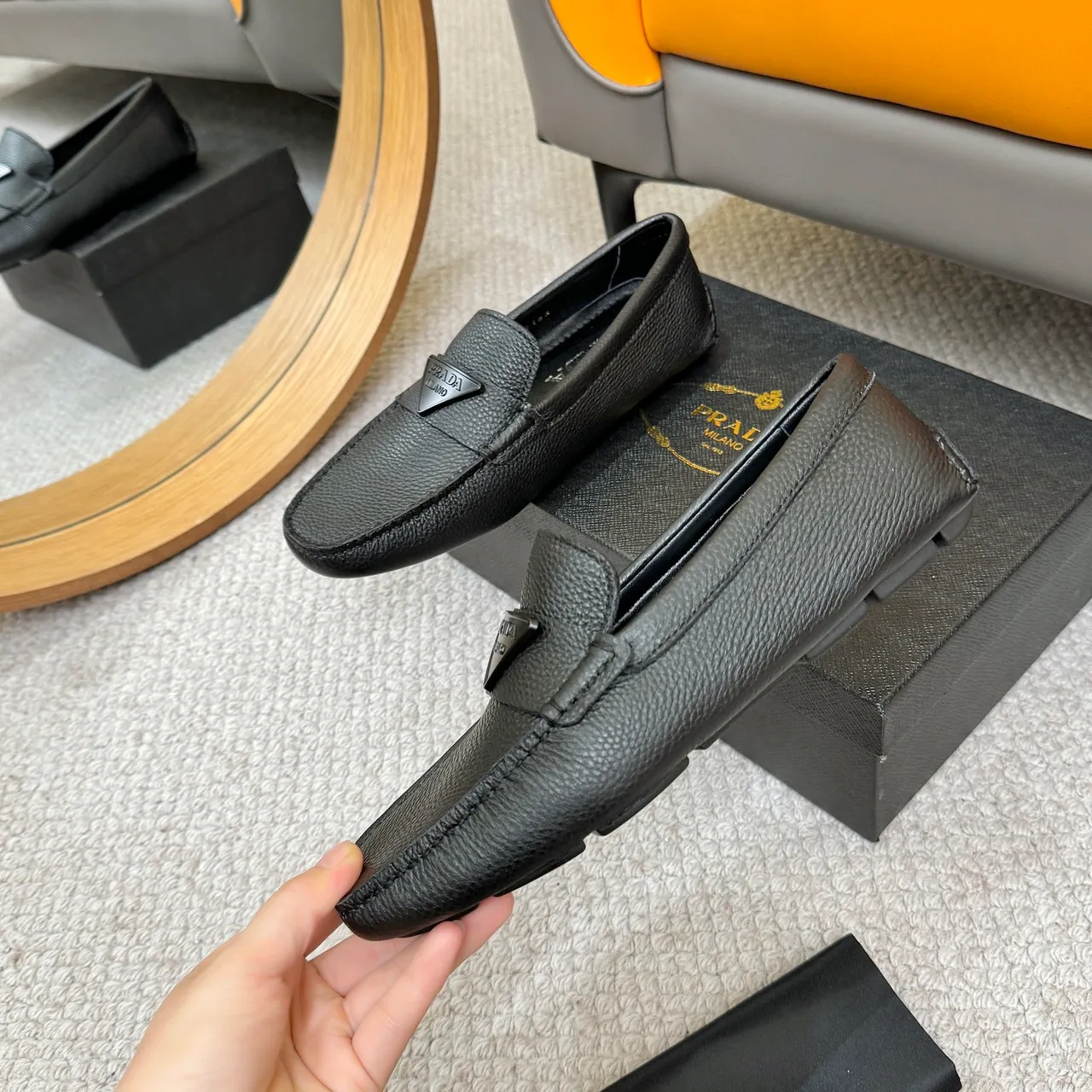 Prada Black Pebbled Leather Triangle Logo Loafer 5