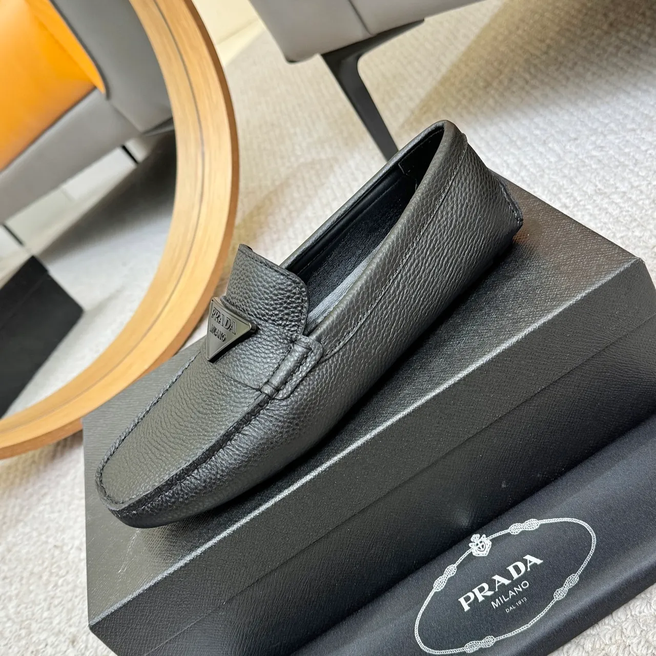 Prada Black Pebbled Leather Triangle Logo Loafer 6