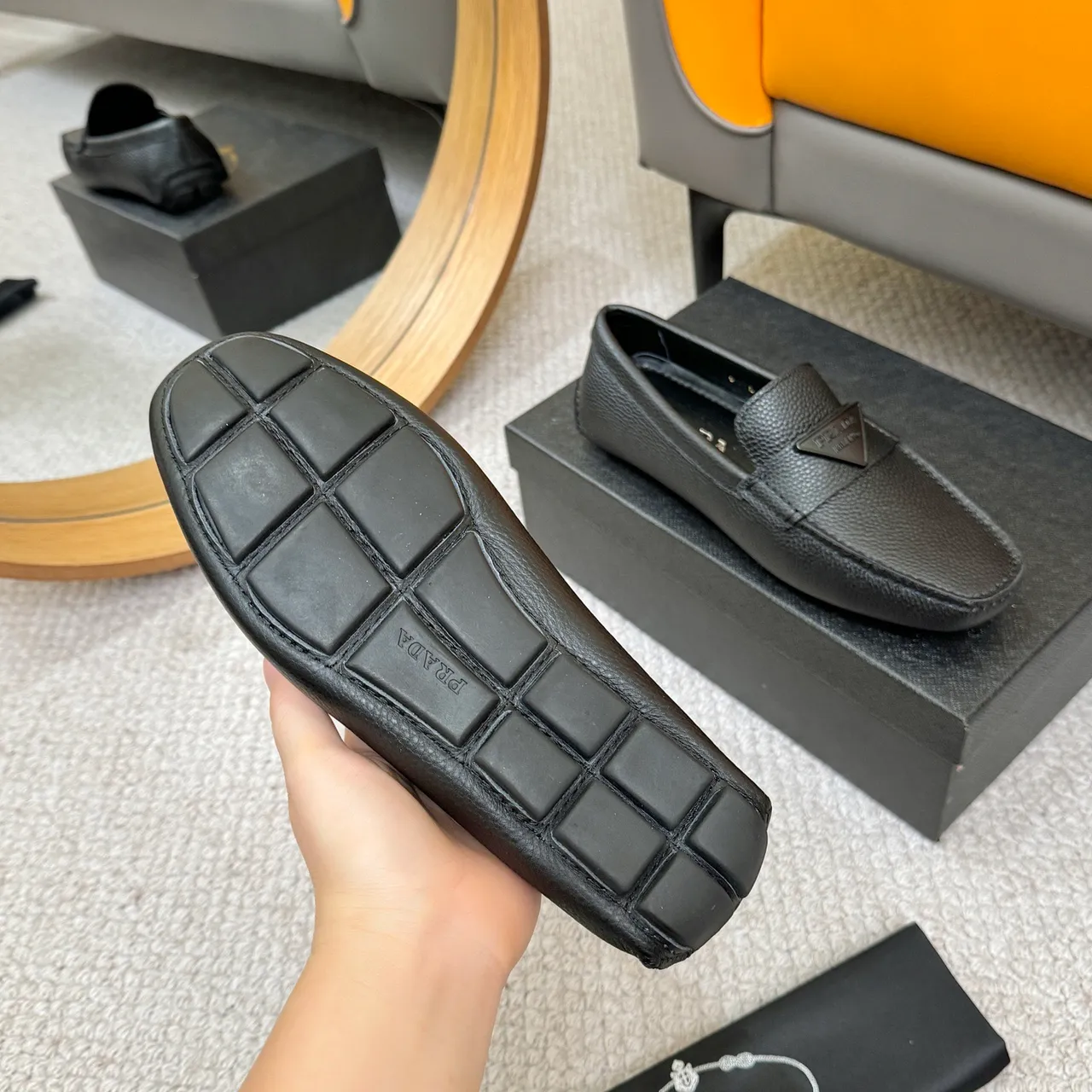Prada Black Pebbled Leather Triangle Logo Loafer 7