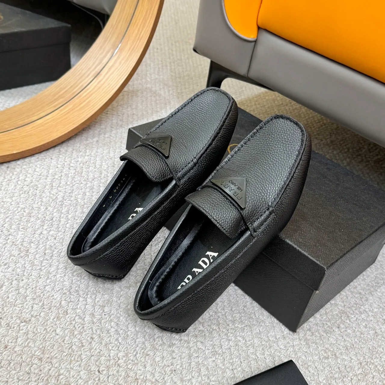 Prada Black Pebbled Leather Triangle Logo Loafer 8