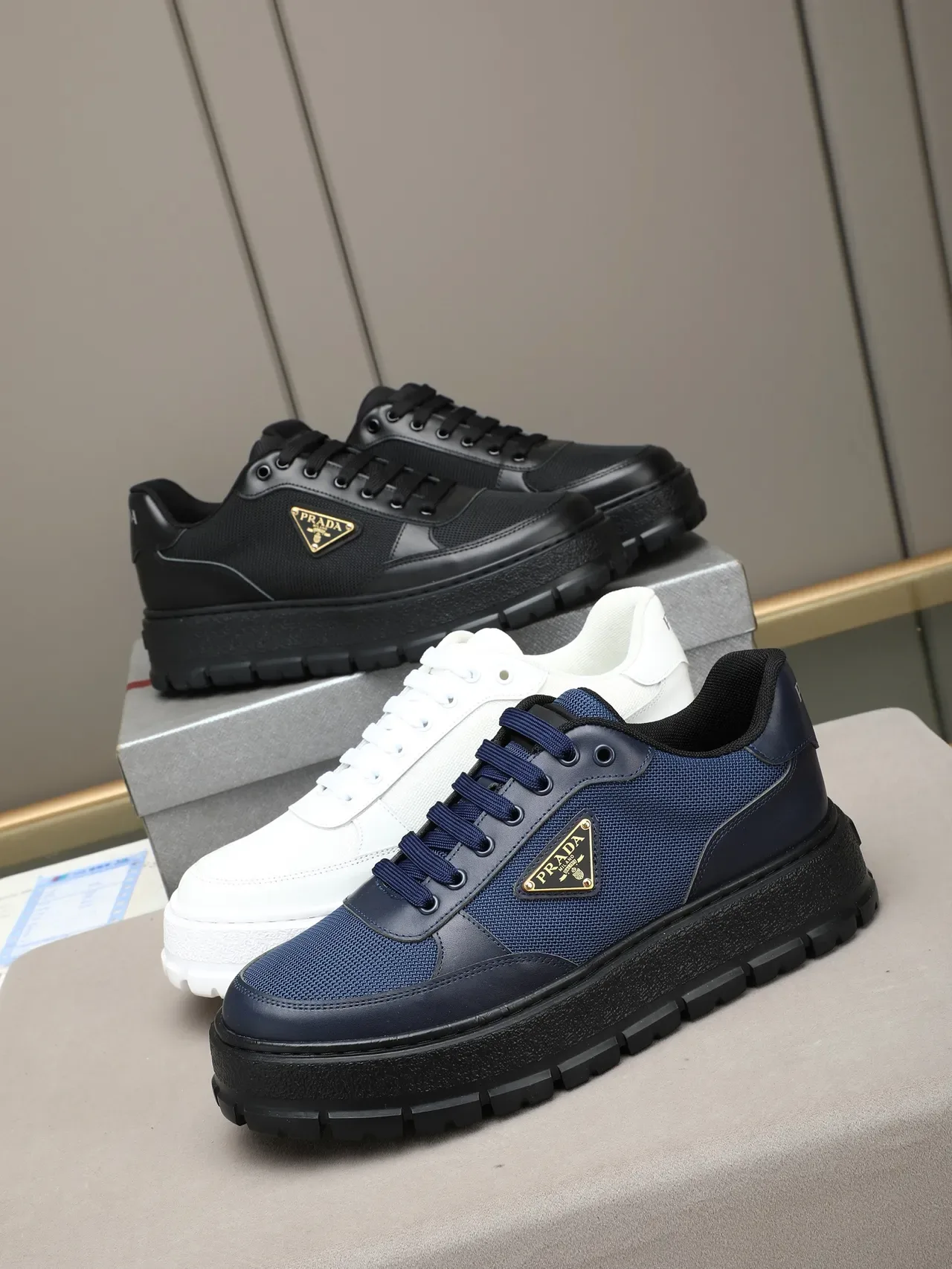 Prada Black Platform Sole Mixed Mesh And Leather Upper Chunky Sneakers 2