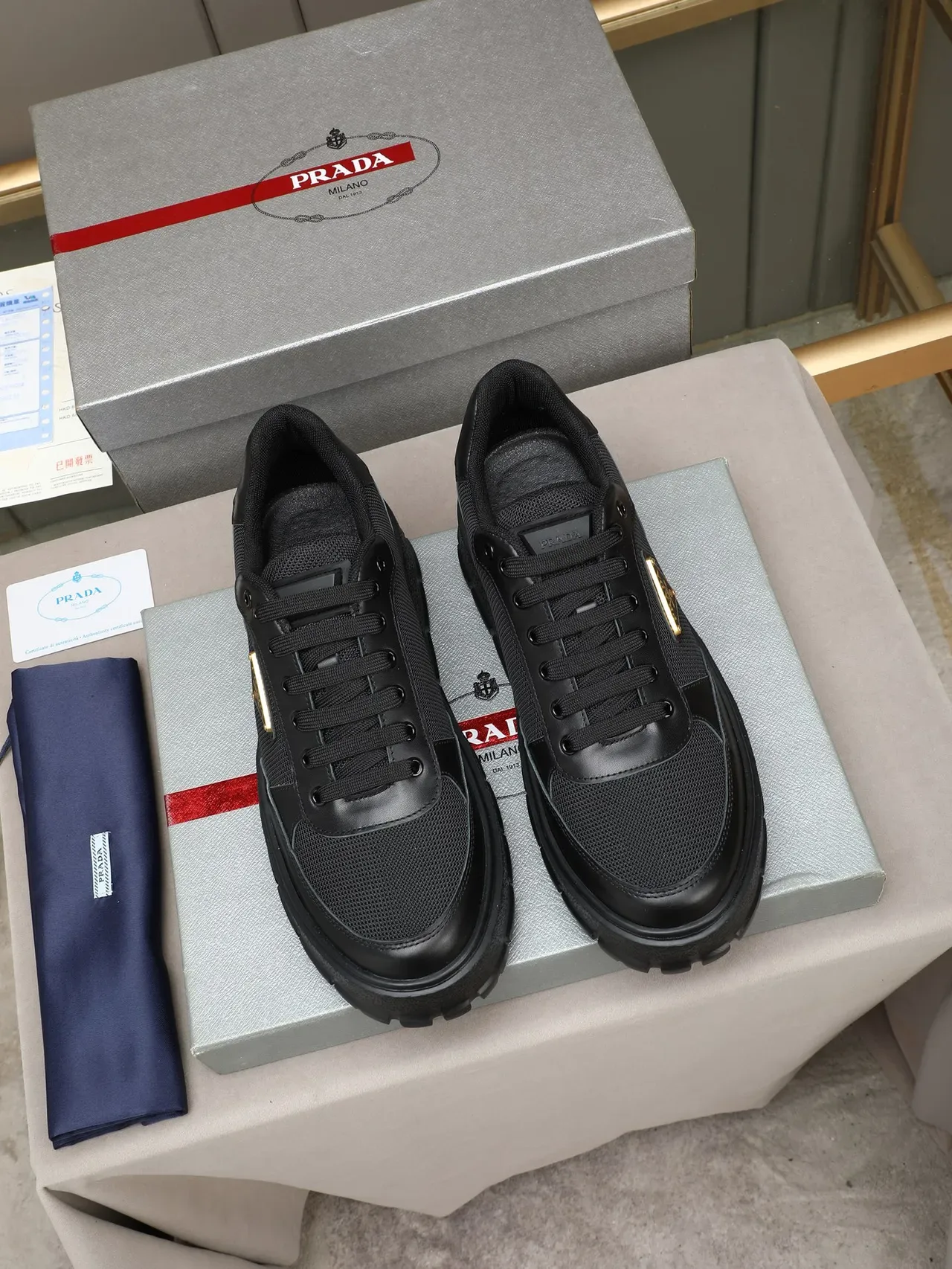 Prada Black Platform Sole Mixed Mesh And Leather Upper Chunky Sneakers 3
