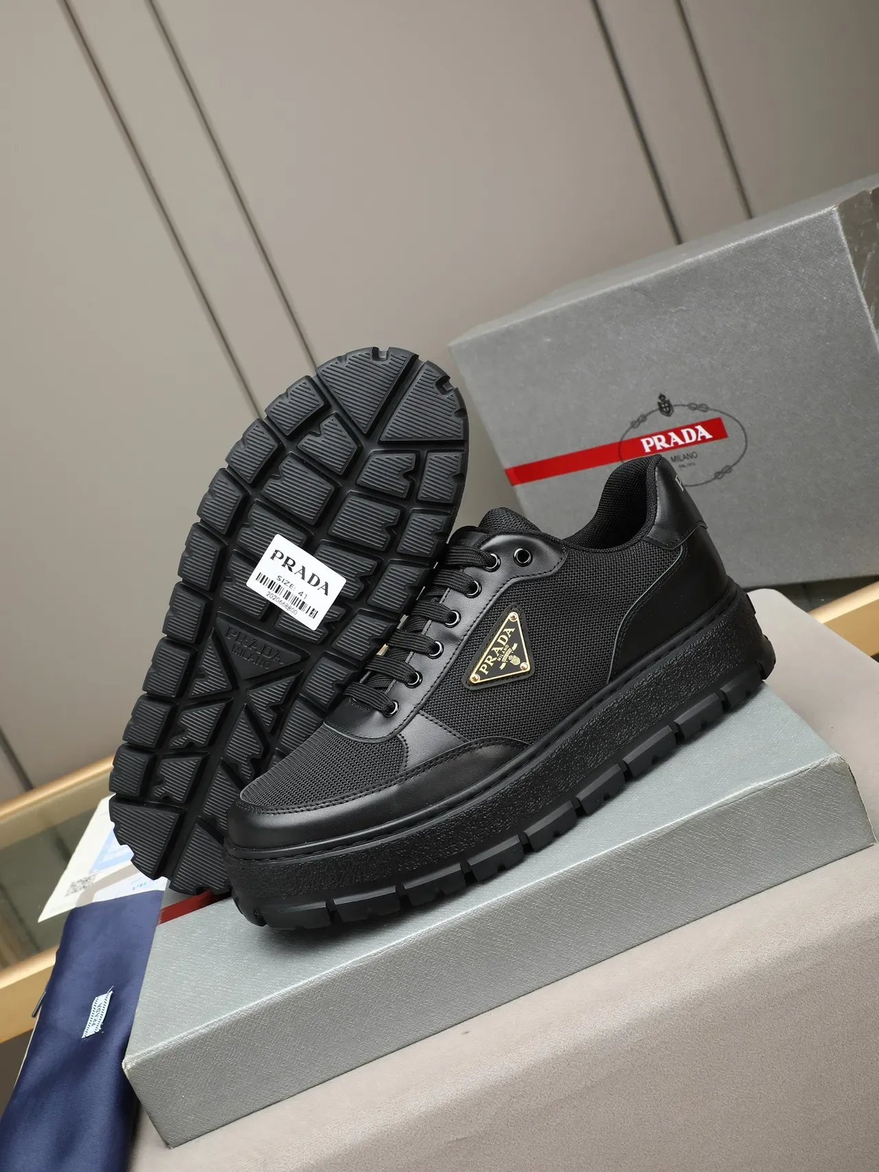 Prada Black Platform Sole Mixed Mesh And Leather Upper Chunky Sneakers 4