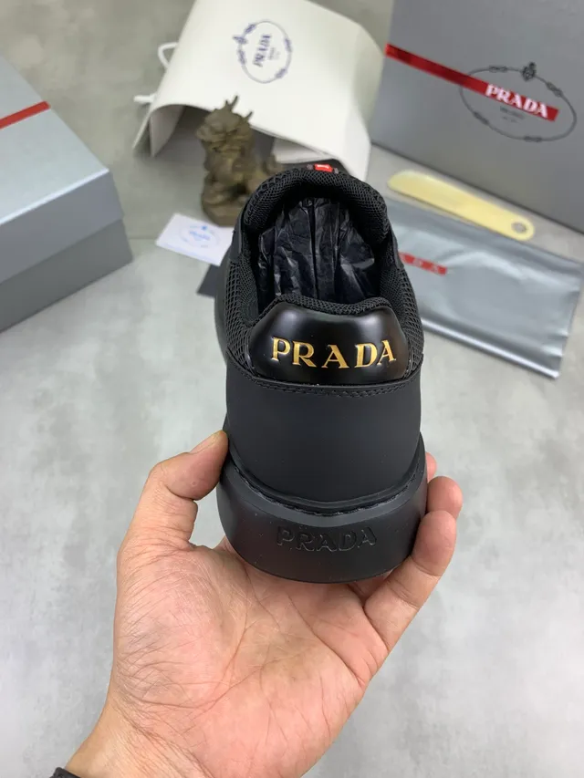 Prada Black Red Mesh And Leather Panel Construction Triangular Logo Patch Lifestyle Sneakers 3