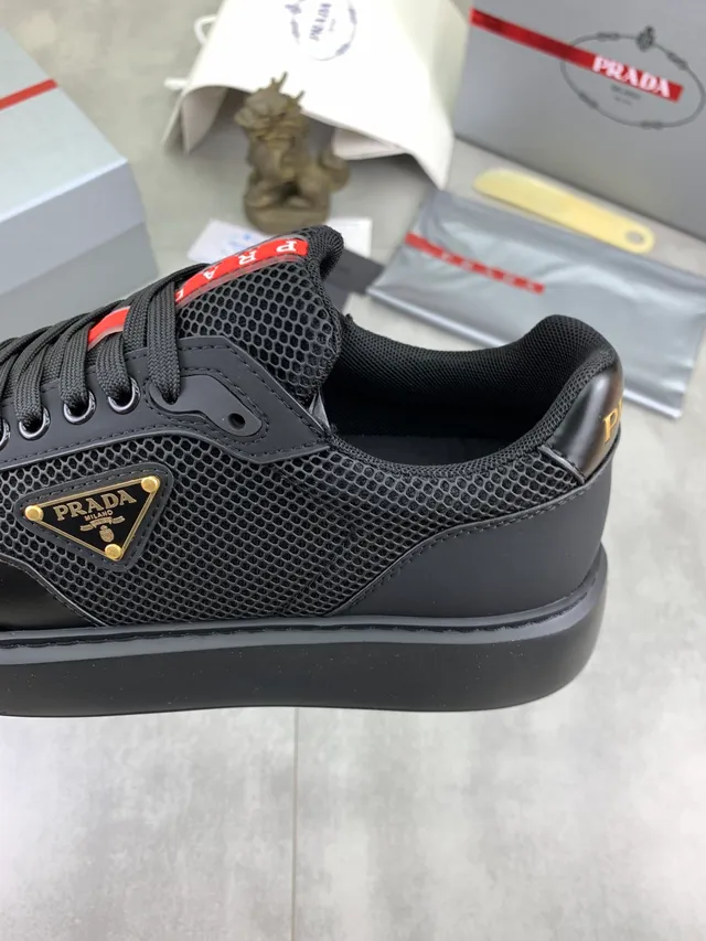Prada Black Red Mesh And Leather Panel Construction Triangular Logo Patch Lifestyle Sneakers 4