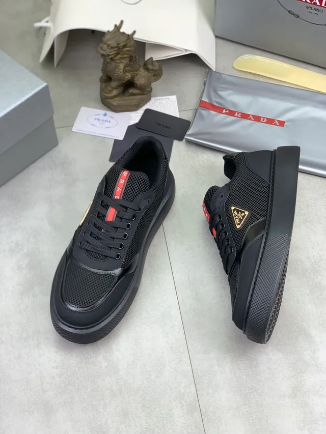Prada Black Red Mesh And Leather Panel Construction Triangular Logo Patch Lifestyle Sneakers 5