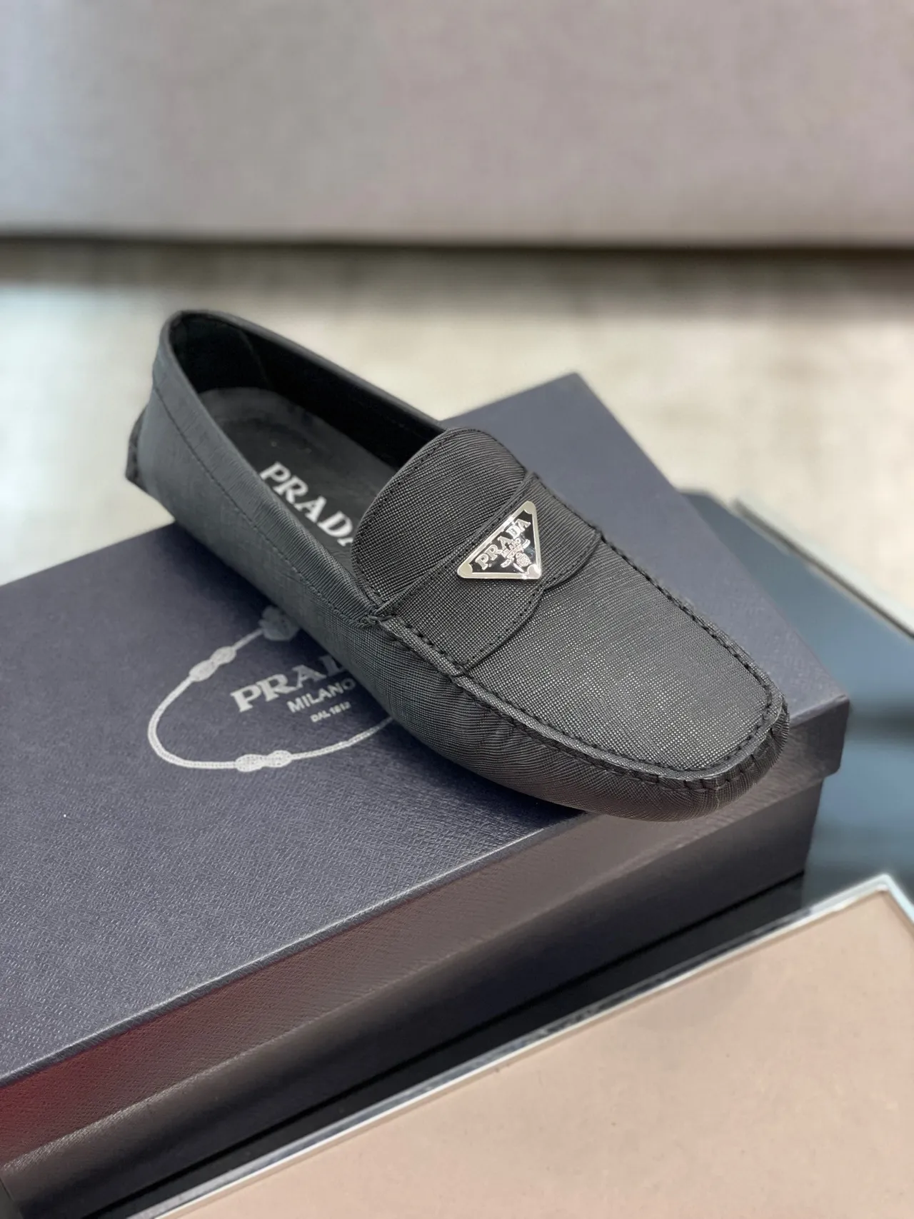 Prada Black Saffiano-Textured Fabric Metal Triangular Logo Plaque Loafer 2