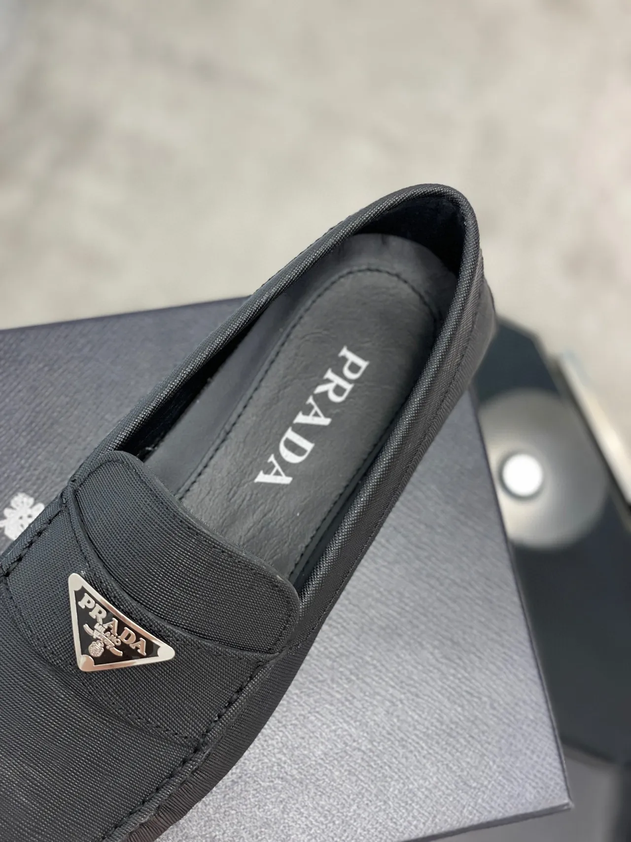 Prada Black Saffiano-Textured Fabric Metal Triangular Logo Plaque Loafer 3