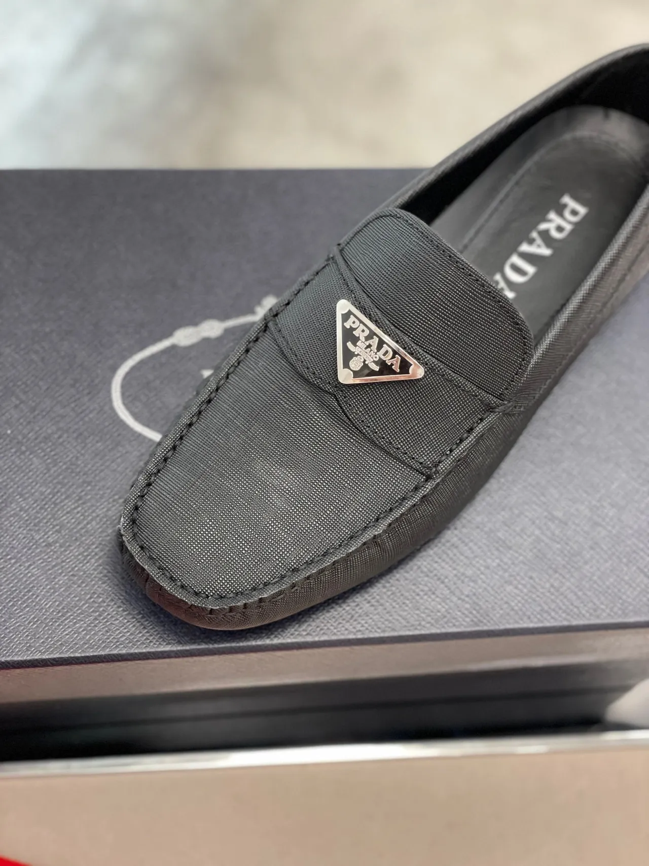 Prada Black Saffiano-Textured Fabric Metal Triangular Logo Plaque Loafer 4