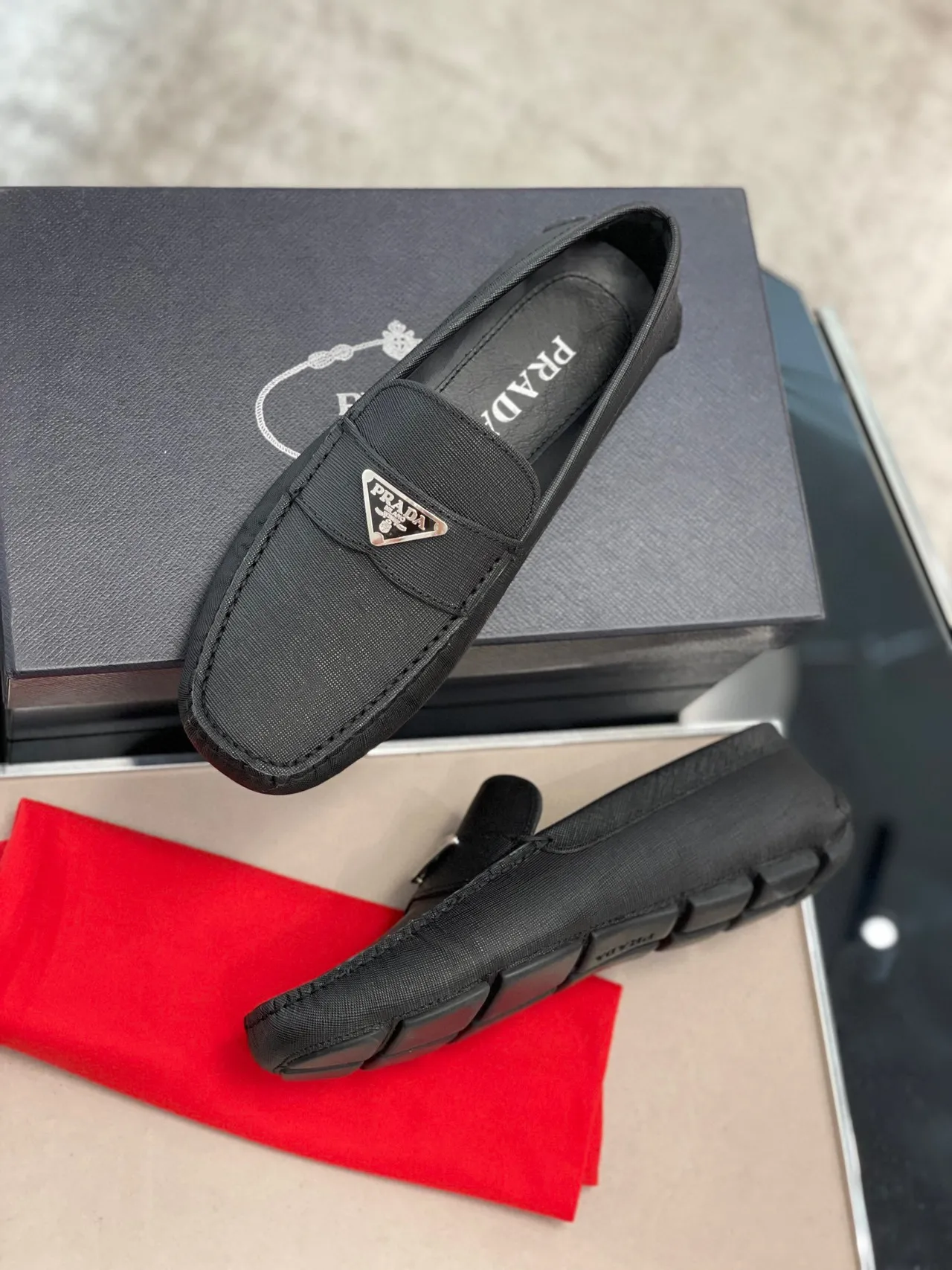 Prada Black Saffiano-Textured Fabric Metal Triangular Logo Plaque Loafer 5