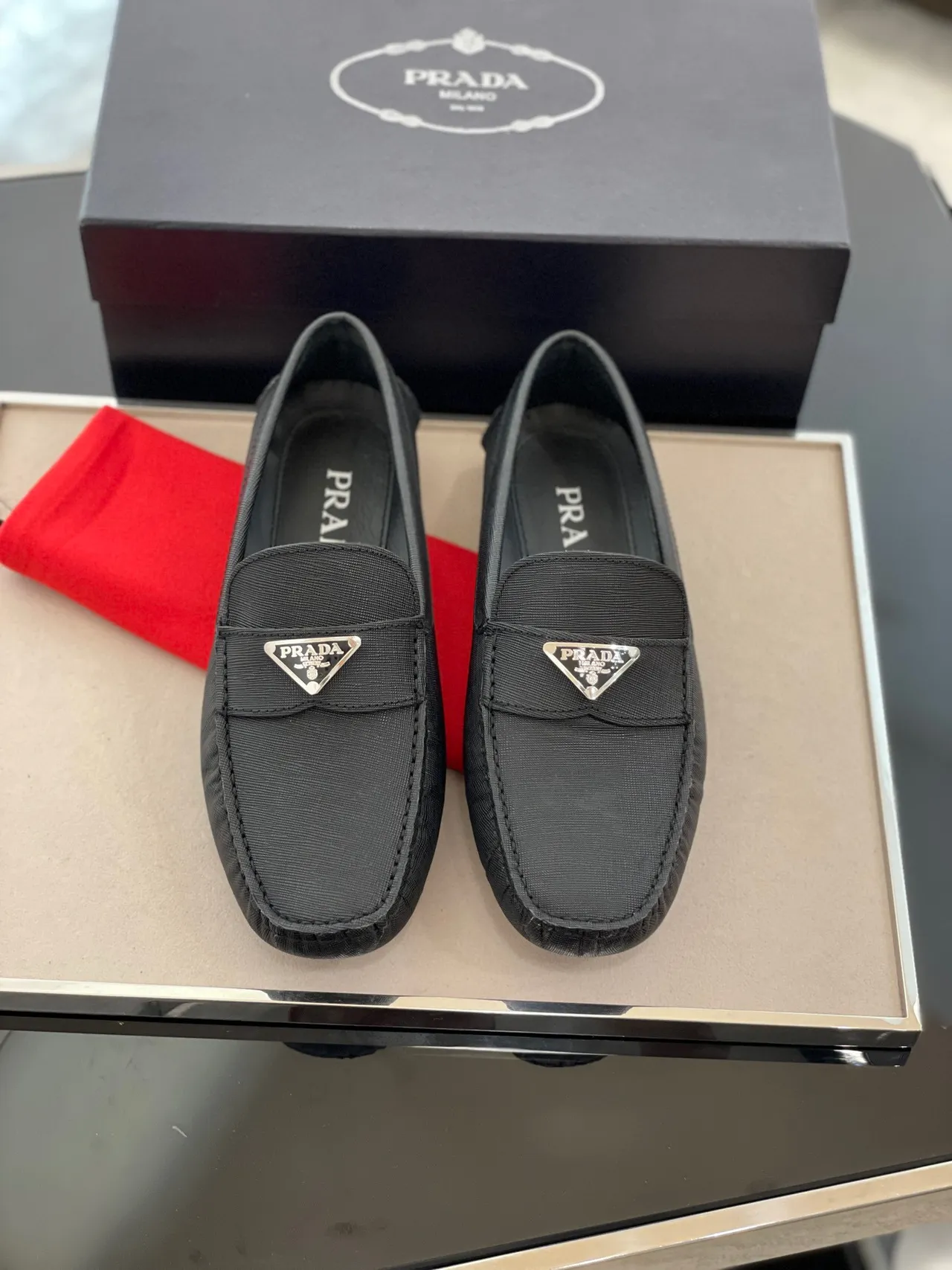 Prada Black Saffiano-Textured Fabric Metal Triangular Logo Plaque Loafer 6