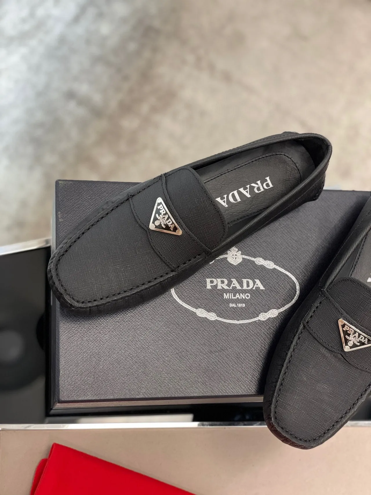 Prada Black Saffiano-Textured Fabric Metal Triangular Logo Plaque Loafer 7