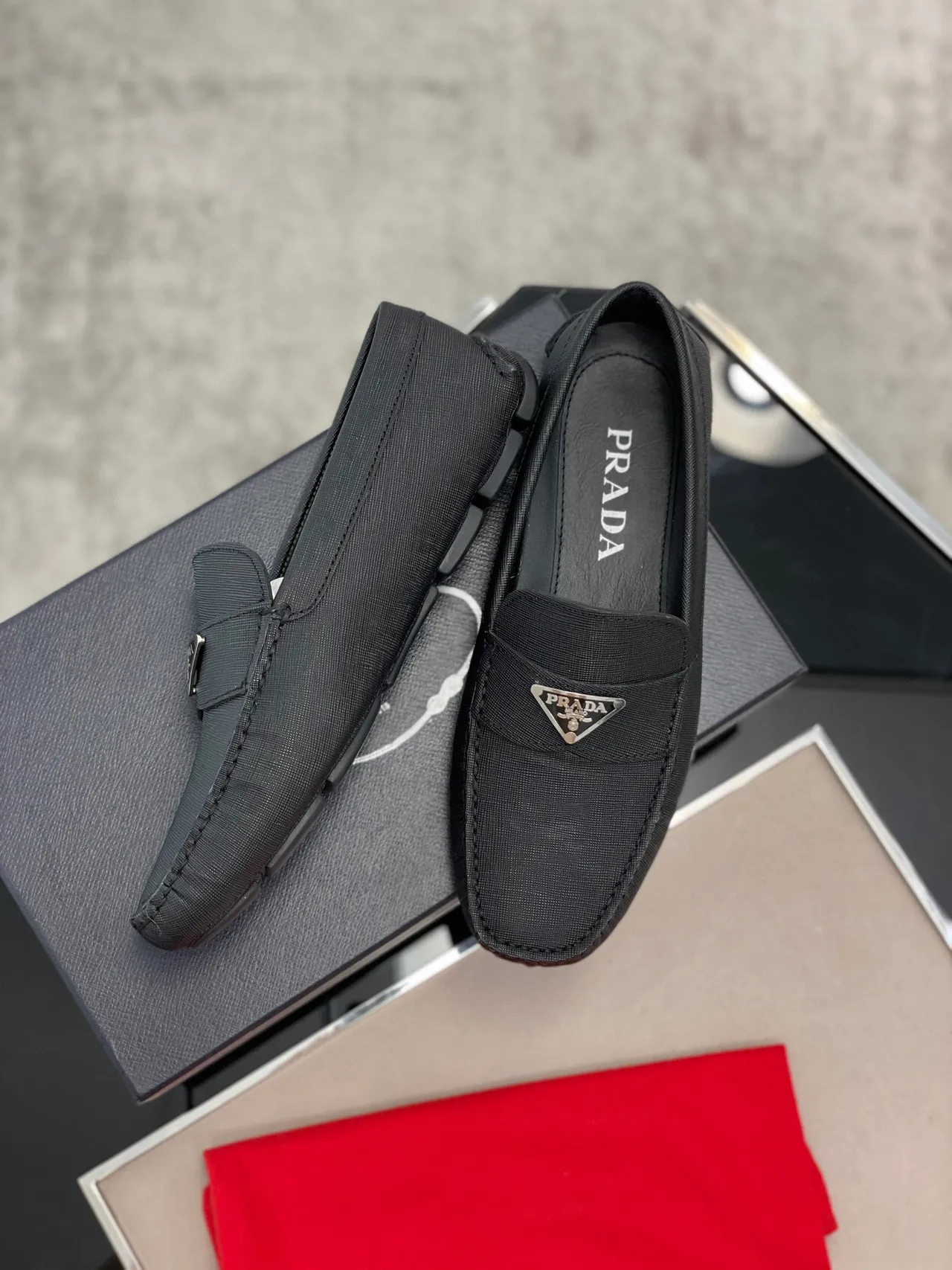 Prada Black Saffiano-Textured Fabric Metal Triangular Logo Plaque Loafer 8