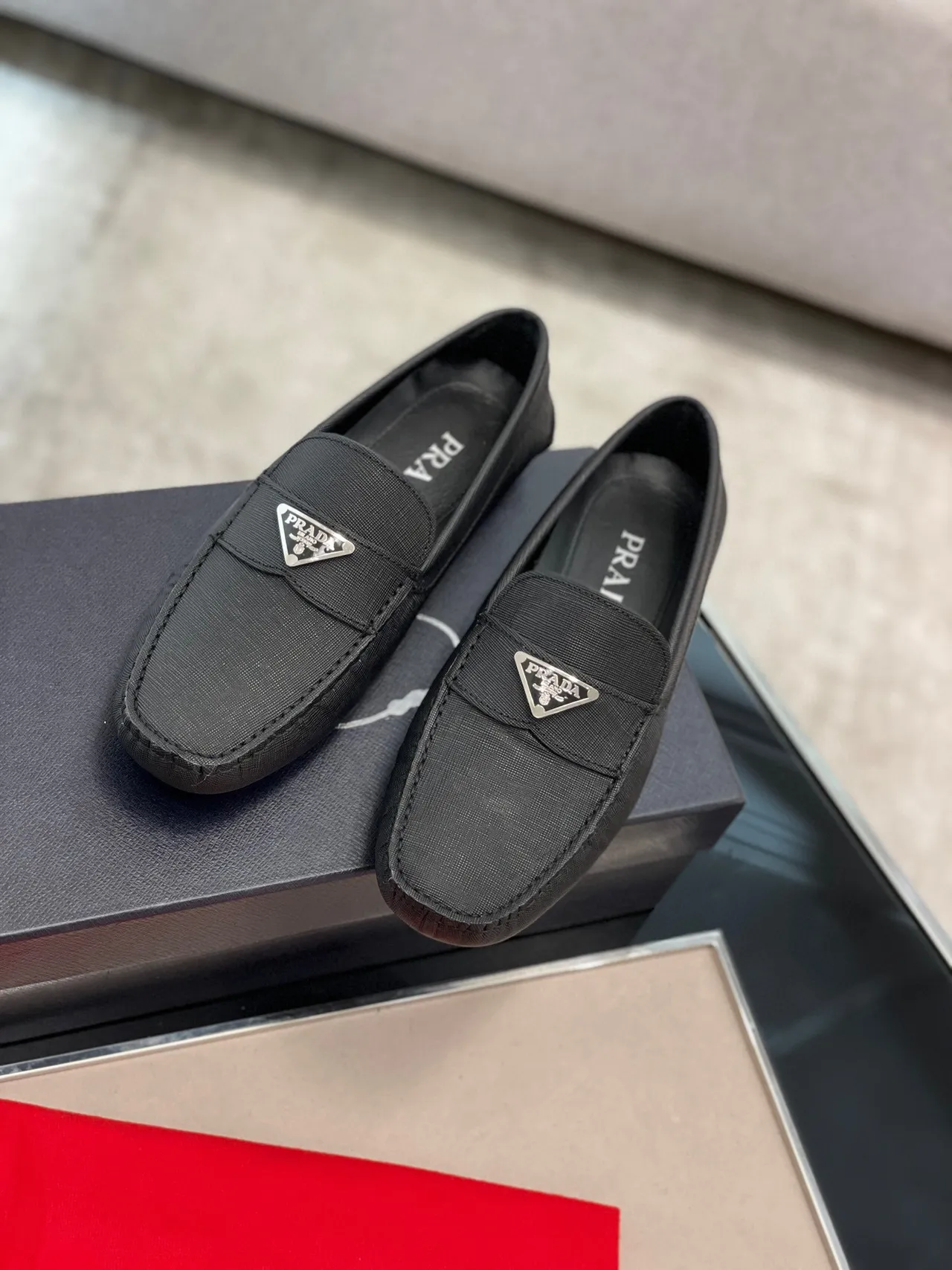 Prada Black Saffiano-Textured Fabric Metal Triangular Logo Plaque Loafer 9