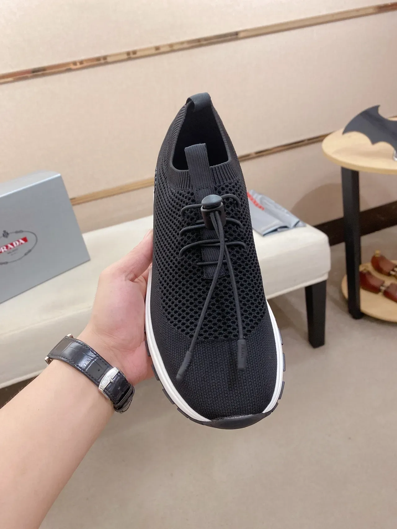 Prada Black White Knit Sock-Fit Upper Drawstring Toggle Lacing Lifestyle Sneakers 2