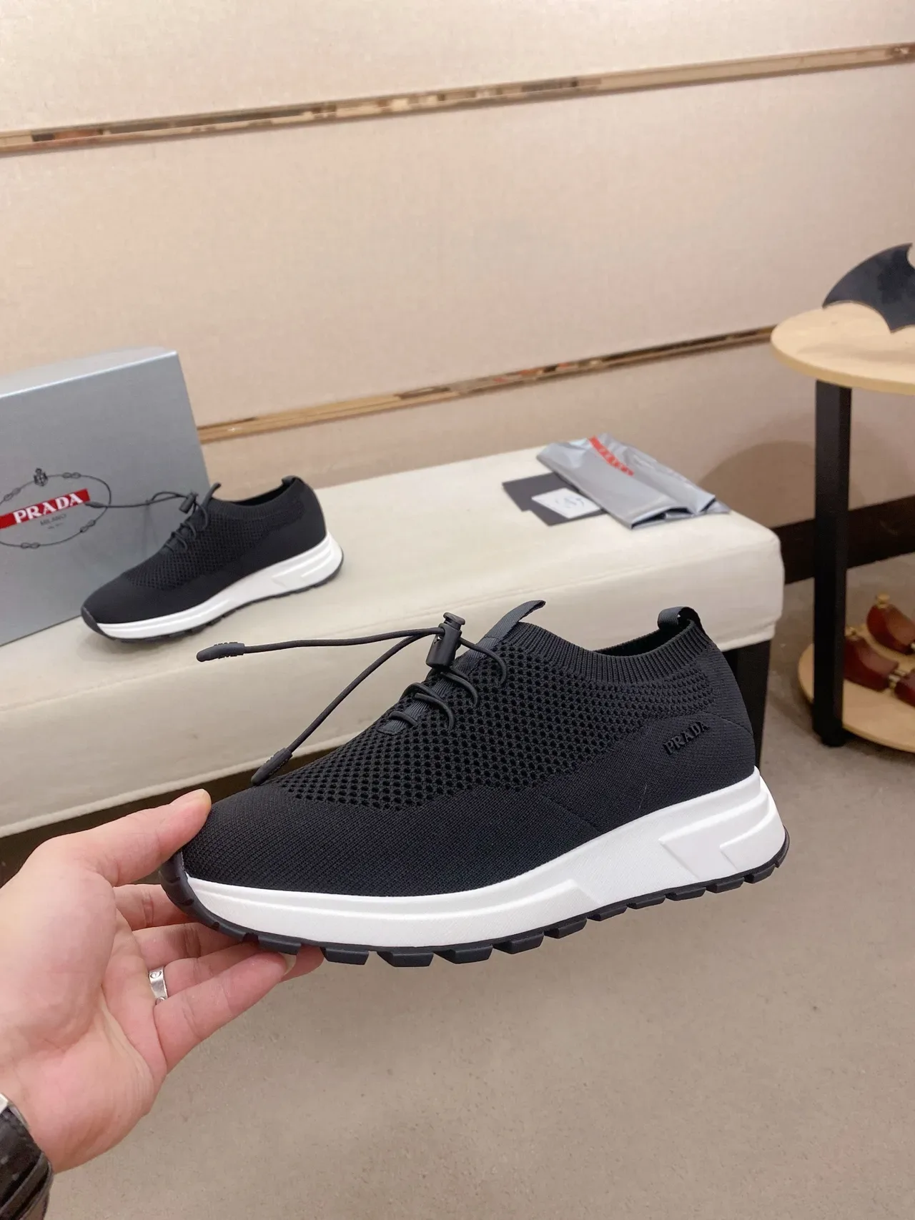 Prada Black White Knit Sock-Fit Upper Drawstring Toggle Lacing Lifestyle Sneakers 3