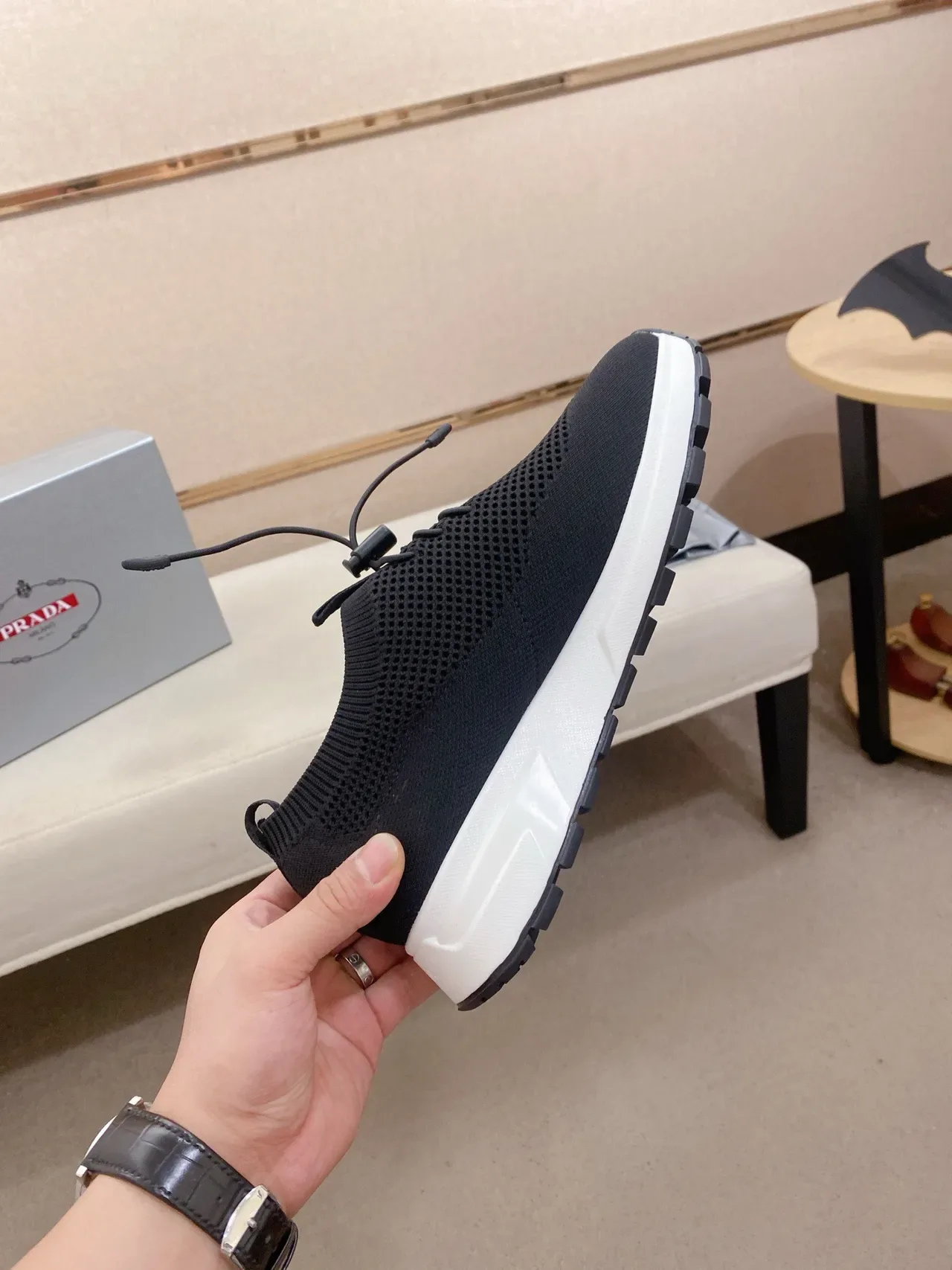 Prada Black White Knit Sock-Fit Upper Drawstring Toggle Lacing Lifestyle Sneakers 5