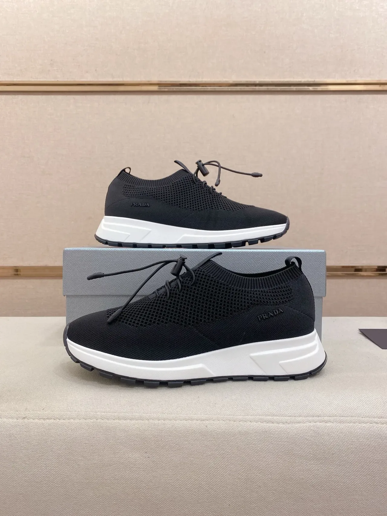 Prada Black White Knit Sock-Fit Upper Drawstring Toggle Lacing Lifestyle Sneakers 7