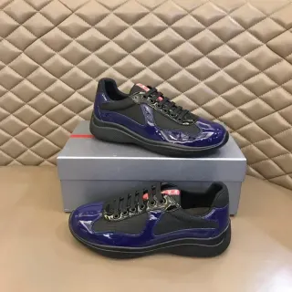 Prada أزرق أسود لامع جلد براءة الاختراع شبكي لوحة نمط حياة حذاء رياضي