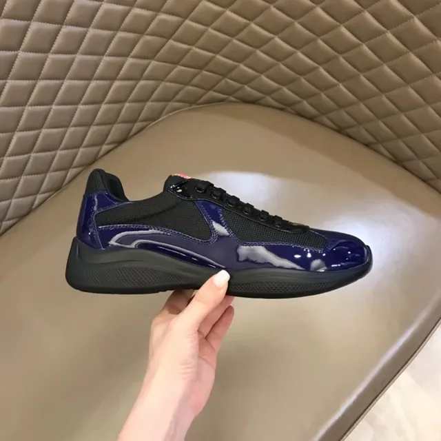 Prada Blue Black Glossy Patent Leather Mesh Paneling Lifestyle Sneakers 3