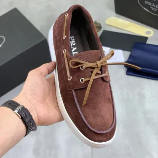 Prada Brown Beige Suede Upper Moccasin-Stitched Toe Boat Shoes