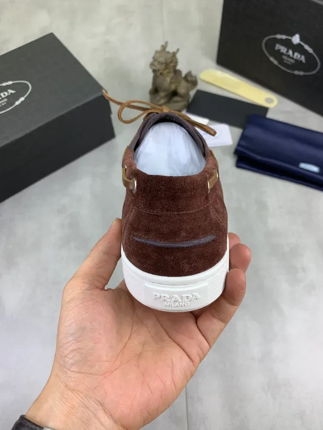 Prada Brown Beige Suede Upper Moccasin-Stitched Toe Boat Shoes 3