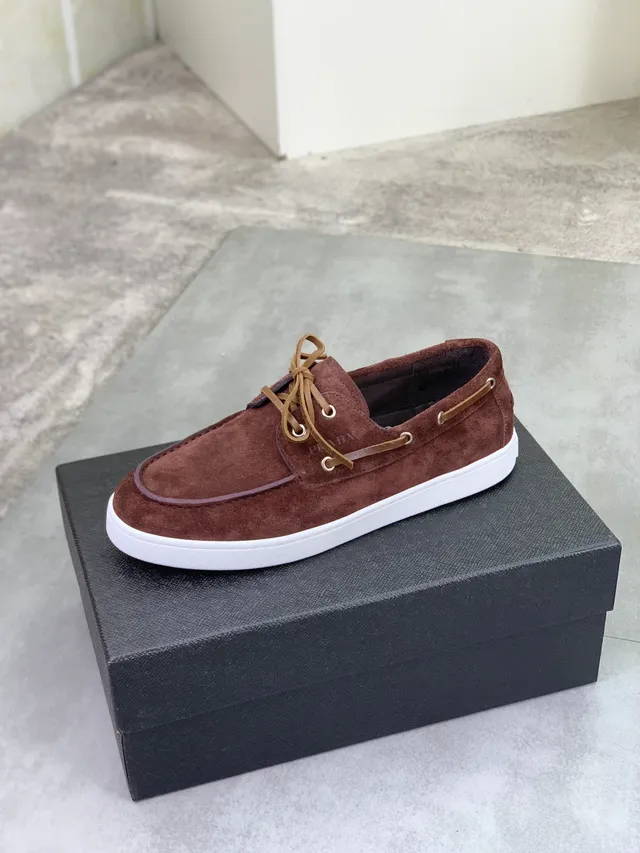 Prada Brown Beige Suede Upper Moccasin-Stitched Toe Boat Shoes 4