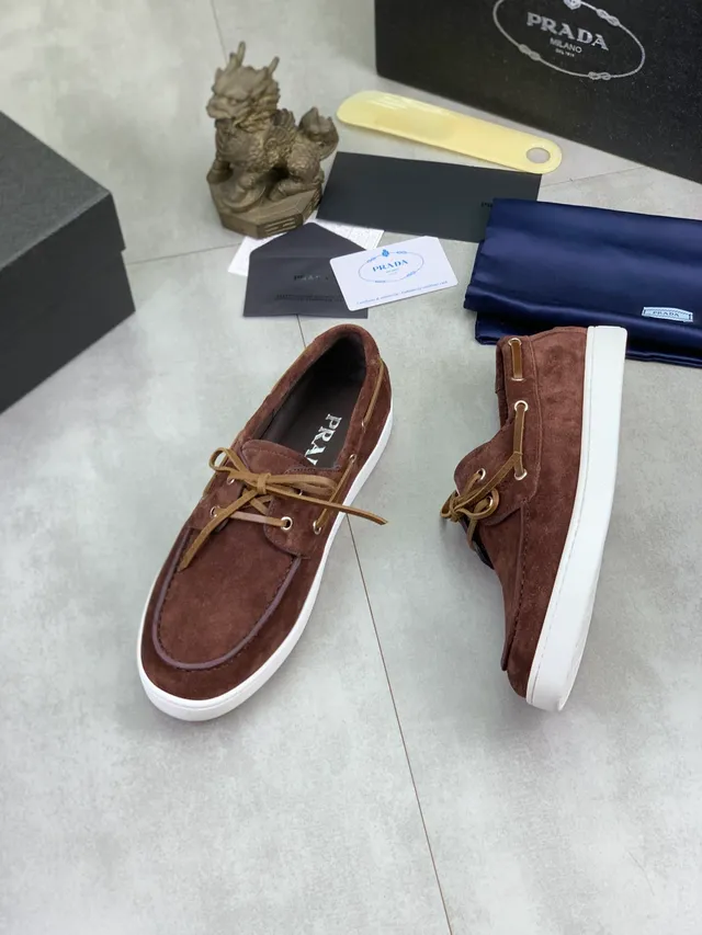 Prada Brown Beige Suede Upper Moccasin-Stitched Toe Boat Shoes 5