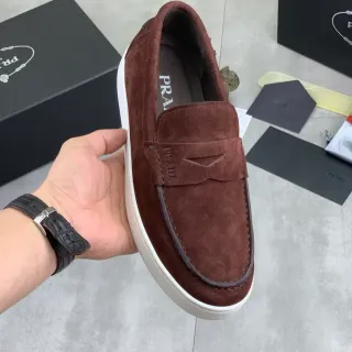 Prada Mocassin Daim Marron Blanc Bride Penny