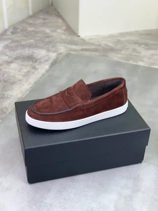 Prada Brown White Suede Upper Penny Strap Loafer 5