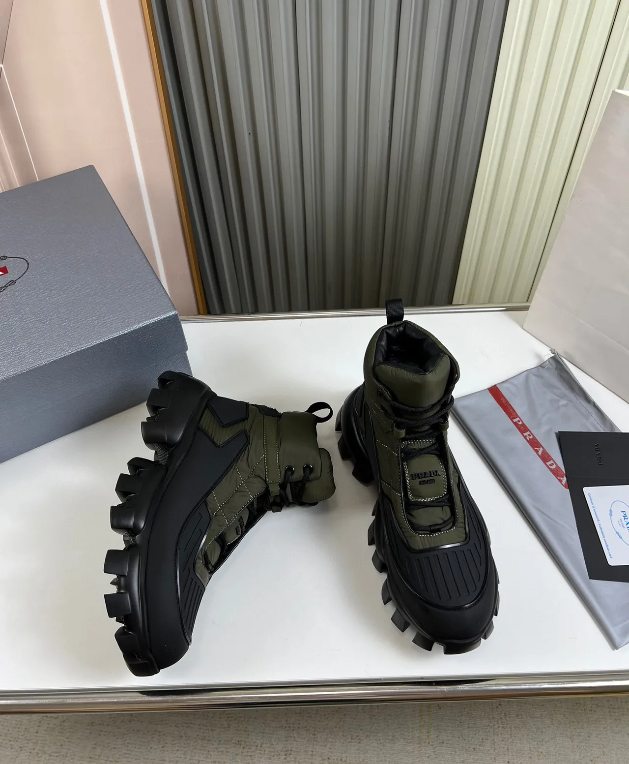 Prada Cloudbust Army Green and Black Work Boots 5