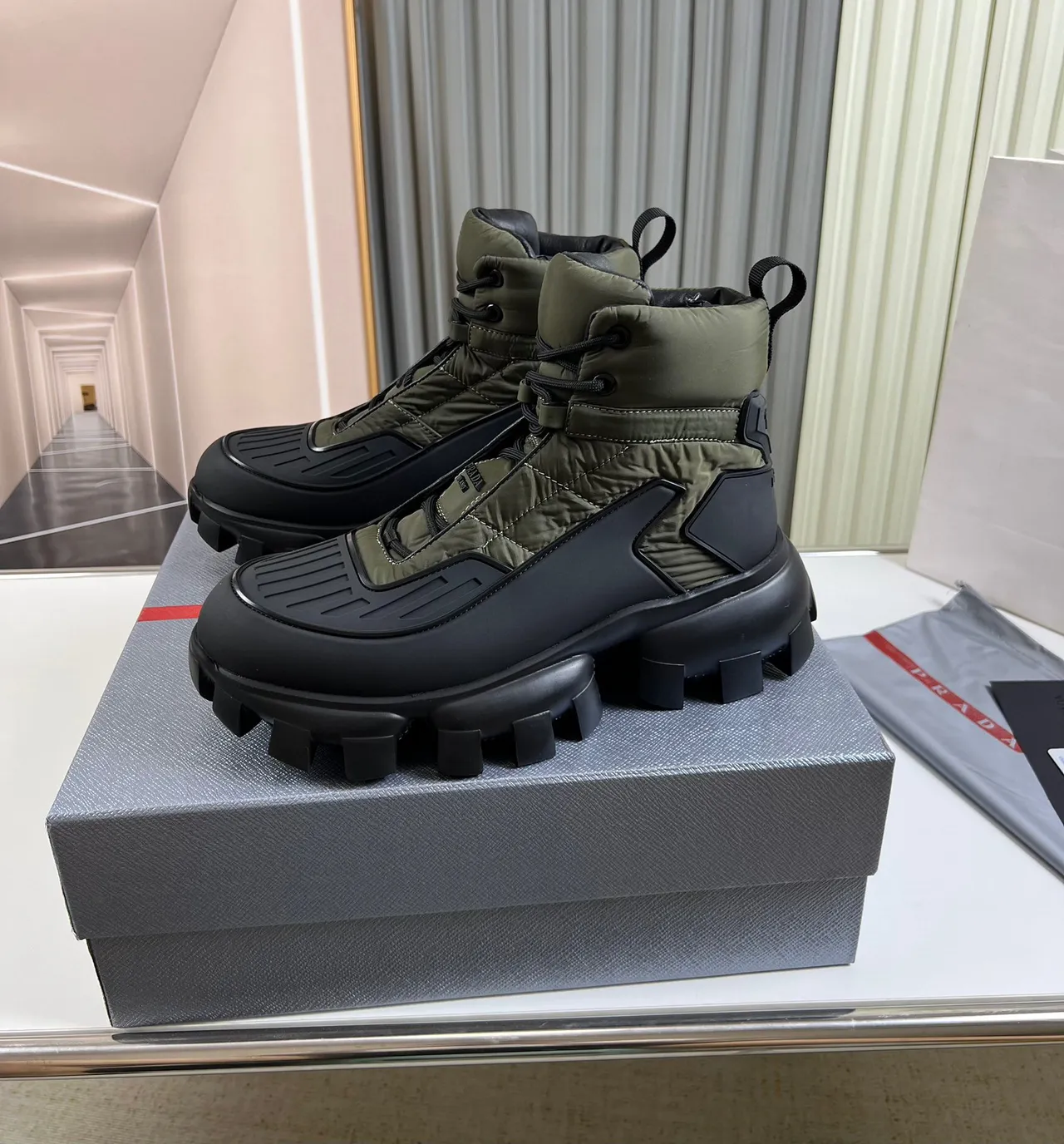 Prada Cloudbust Army Green and Black Work Boots 8