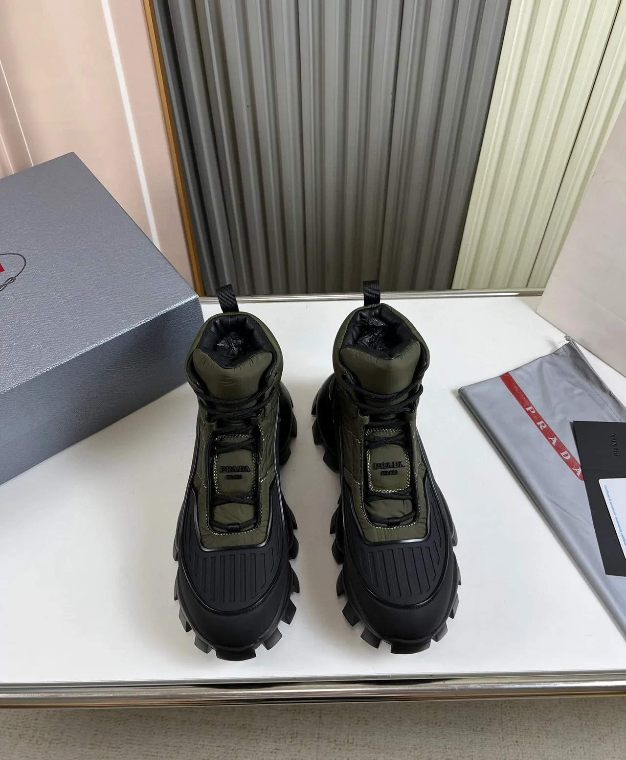 Prada Cloudbust Army Green and Black Work Boots 9